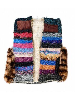 Wearable Art Handmade Vest Chunky Knit Suede Sherpa Y2K Vtg Festival Boho Fur